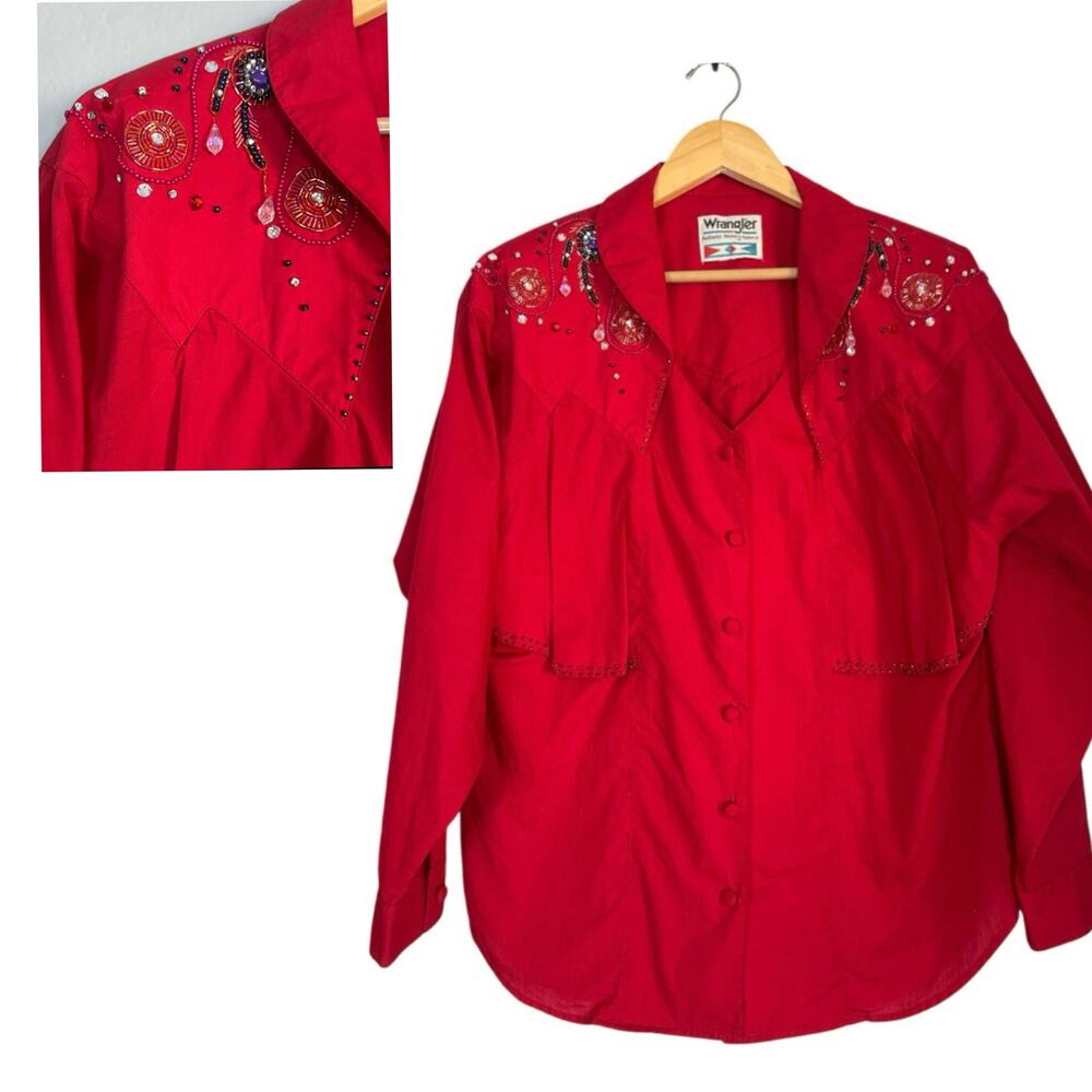 Vintage Wrangler Red Beaded Womens Western Shirt Cowgirl Rodeo Top Button Up